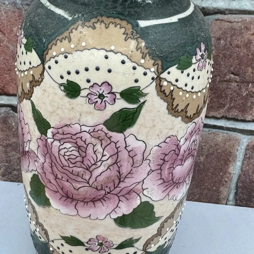 Vintage 8” Textured Hand-Painted Ceramic Porcelain Chinese‎ Floral Vase Green